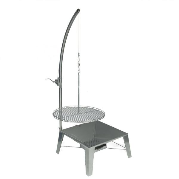 BS Design Galgenschwenker aus geschliffenem Edelstahl mit Feuerstelle und Kurbel